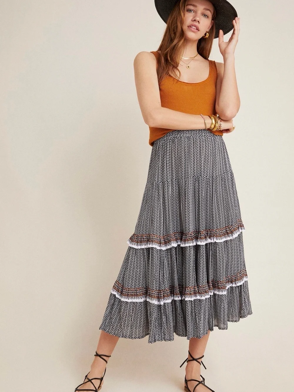 Tiered Black & White Printed Midi Skirt